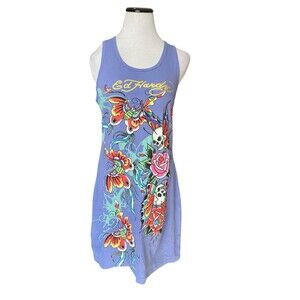 Ed Hardy Y2K Tattoo Graphic Rib Tank Dress Size XL Purple Butterflies Skull Rose
